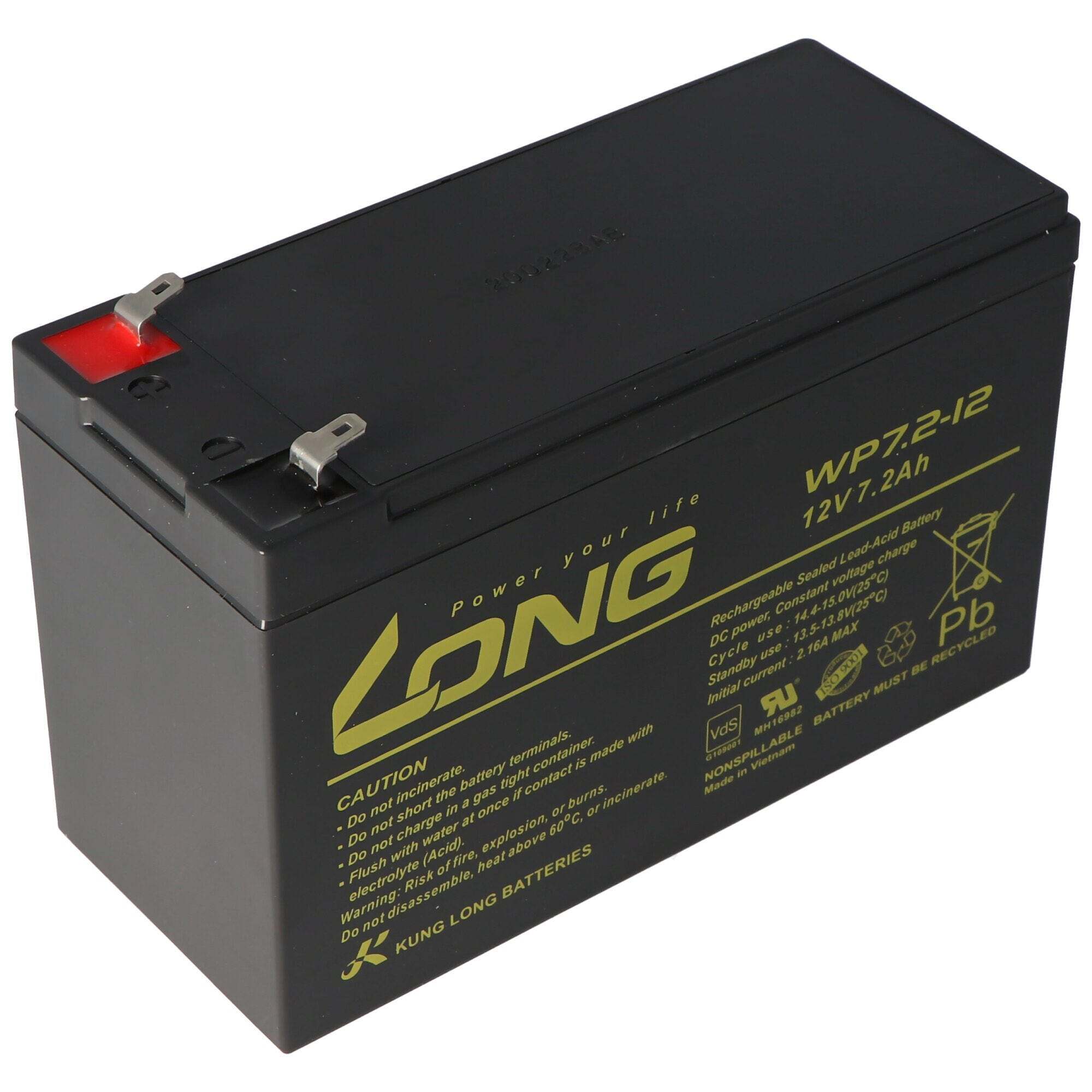 Kung Long Kung Long WP7.2-12M, 12Volt, 7.2Ah VDS G101163, met Faston 4.8mm-stekkercontacten