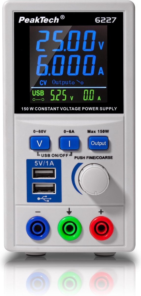 Peaktech PeakTech® 6227: DC schakelende voeding 0-60 V / 0-6 A met kleuren LCD & 2 x USB