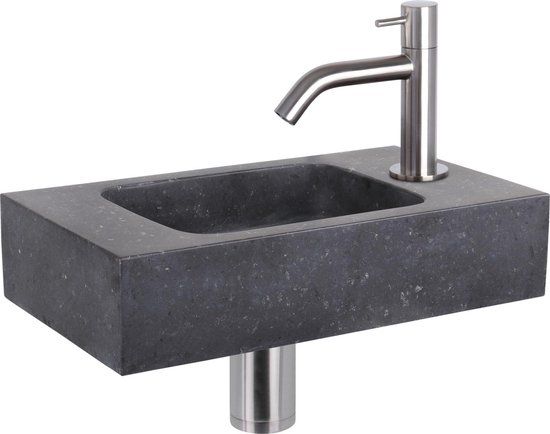 Differnz Fonteinset - Wasbak Natuursteen Bombai Black - Antraciet - Gebogen Kraan - Mat Chroom - 40x22x9cm