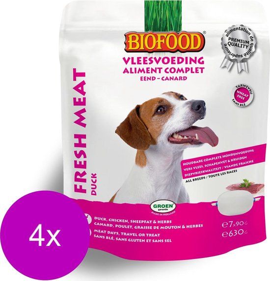 BIOFOOD Vleesvoeding Compleet Eend - Hondenvoer - 4 x 7x90 g