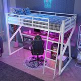 MODFU Bedframe 90x200 cm – Hoogslaper met bureau en meerkleurige LED-strip – Veiligheidshekje – Wit – Metaal en MDF
