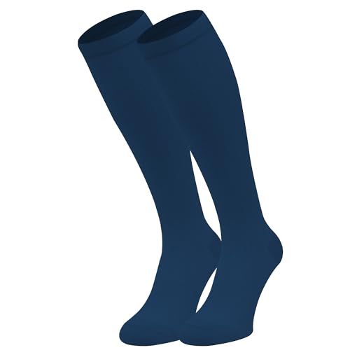 360 Relief Compressiekousen - Effen gekleurde compressiekousen voor dames en heren - Ideaal voor vluchten, reizen en sport - met netwaszak, 2 paar blauw, L-XL