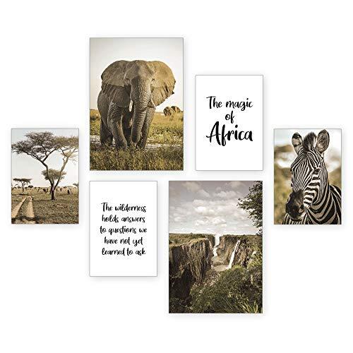 Kreative Feder Posterset | Afrika | 6 afbeeldingen decoratie woonkamer modern slaapkamerbeeld voor uw muur – optioneel met lijst – 2 x DIN A3 & 4 x DIN A4 – ca. 30x40 & 20x30 Zonder lijst