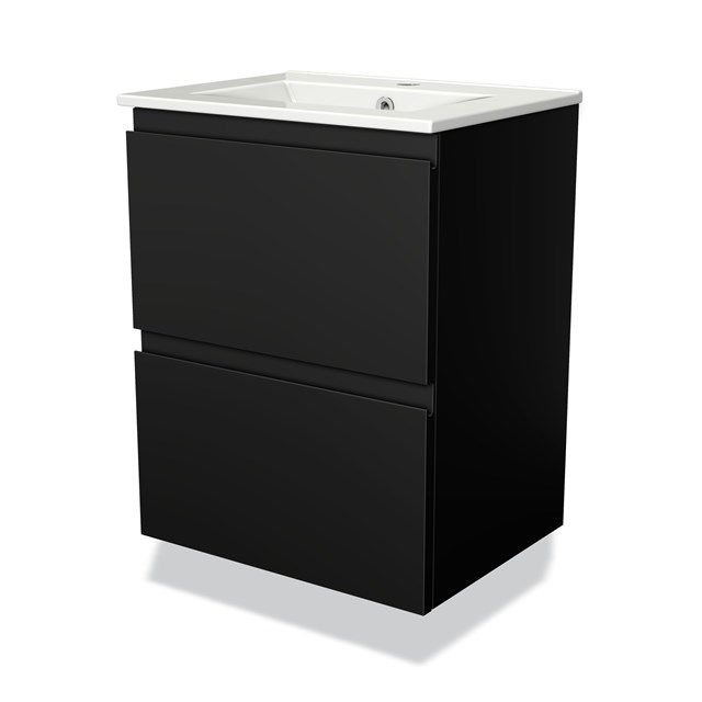 Maxaro Badkamermeubel 50cm Modulo Slim Mat Zwart 2 Lades Greeploos Wastafel Keramiek