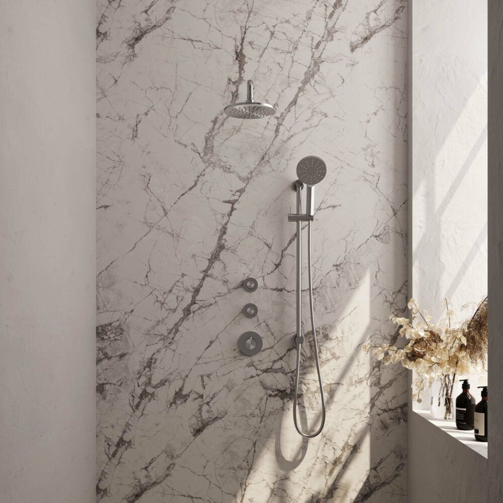 Brauer Brushed Carving thermostatische inbouw regendoucheset 40cm gebogen wandarm met 20cm ronde hoofddouche 3 standen ronde handdouche RVS geborsteld PVD 5-NG-117