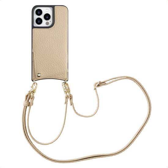 Selencia Hoesje - Geschikt voor Apple iPhone 14 Pro - Backcover met koord en pashouder - Beige