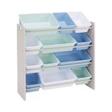 Amazon Basics Kast-organizer voor kinderspeelgoed, 4 plankjes, opslag, met 12 plastic bakjes, grijs, hout, met blauwe bakjes, 27,7 x 85,3 x 79,0 cm (D x B x H)