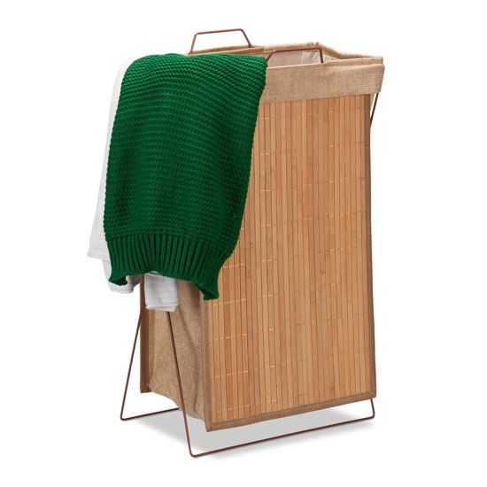 Relaxdays Wasmand bamboe met hengsels opbergmand 40 l waszak mand opvouwbaar frame metaal natuur