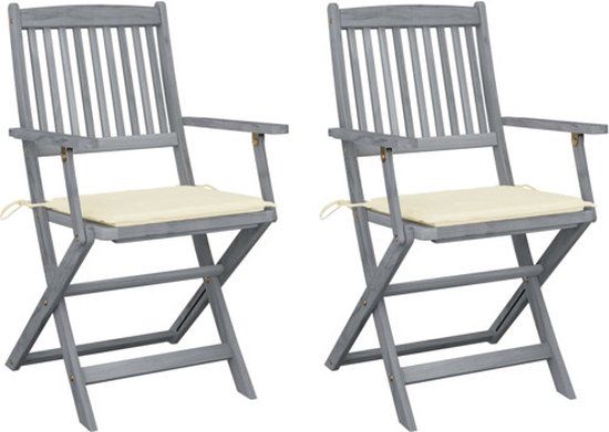 vidaXL Set van 2 Klapstoelen met Kussens, Massief Acaciahout, Crème