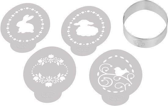 Dr. Oetker Ei-uitsteekvormpjes incl. 4 decoratieve sjablonen uit de serie "Golden Ostern", koekjes- en koekjesvorm (kleur: zilver, wit), hoeveelheid: 1 x set van 5