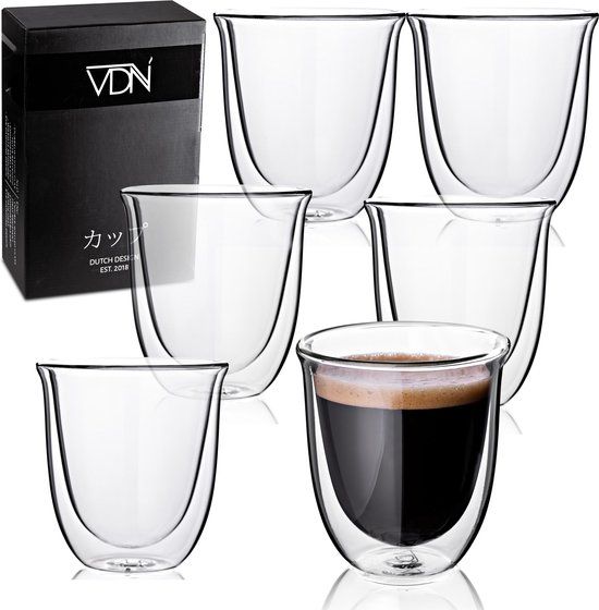 VDN Dubbelwandige theeglazen koffieglazen - Cappuccino glazen - Warme en koude dranken koffietassen dubbelwandig - 250 ML - Set van 6