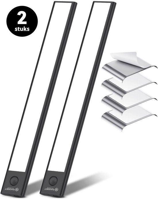 Gadgetplace Kastverlichting LED met Bewegingssensor en Bevestigingsset - Draadloos - 30 cm - (2 PACK) - Zwart