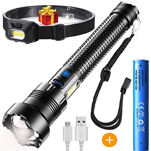 ASORT Led-zaklamp, extreem helder, 30.000 lumen, USB-oplaadbaar, XHP360 led, IPX67, waterdicht, oplaadbaar, zoombaar, voor kamperen, wandelen en noodgevallen, gebruik (geef een hoofdpoort, 26650 accu)