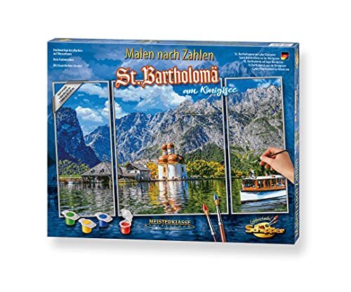 Schipper 609260841 getallen - St. Bartholomä op de Königssee-afbeeldingen voor volwassenen, inclusief penseel en acrylverf, triptychon, 50 x 80 cm, kleurrijk