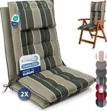 Beautissu Sun-HL – Set van 2 Premium Hoge Rugleuning Stoelkussen 120x50 cm – UV-bestendig – 8cm Dik – met Hoofdkussen & Bevestigingsbanden – Antislip – Groen Gestreept