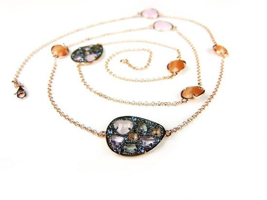 Zilveren Collier met Roze, Oranje en Bruine Stenen - 90 cm