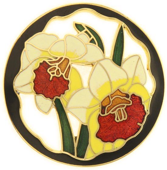 Behave® Dames Broche rond bloemen narcis wit zwart - emaille - 4,5 cm