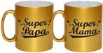 Bellatio Decorations Mama en papa - super - Cadeau koffiemokken - goud