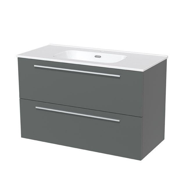 Maxaro Badkamermeubel 100cm Modulo Middengrijs 2 Lades Vlak Wastafel Keramiek