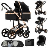 StarTech 3-in-1 kinderwagen - Model B588 - Combinatie kinderwagen - Compatibel met autostoeltjes - Omkeerbare babywieg - Opvouwbaar met één hand - Schokabsorberende EVA-wielen - Draagvermogen tot 20 kg - Zwart/goud