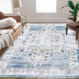 Auton Vloerkleed in de machine wasbaar, vintage design tapijt met antislip tapijten voor woonkamer, slaapkamer, bloemenprint, tapijt, vuilafstotend, woondecoratie, kantoor, blauw, 120 x 170 cm