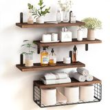 BAKAJI Set van 4 + 1 wandplanken van massief hout, multifunctionele wandplanken, houders en mand van metaal, plank voor slaapkamer, woonkamer, keuken, badkamer, boekenkast, ruimtebesparend (eiken)