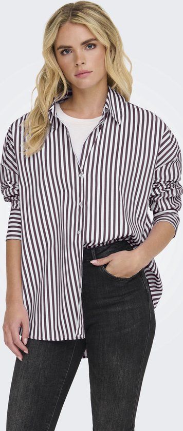 JDY Vesper Blouse Dames - Maat M - Donkerbruin - Wit - Gestreept - Lange Mouw - Regular Fit