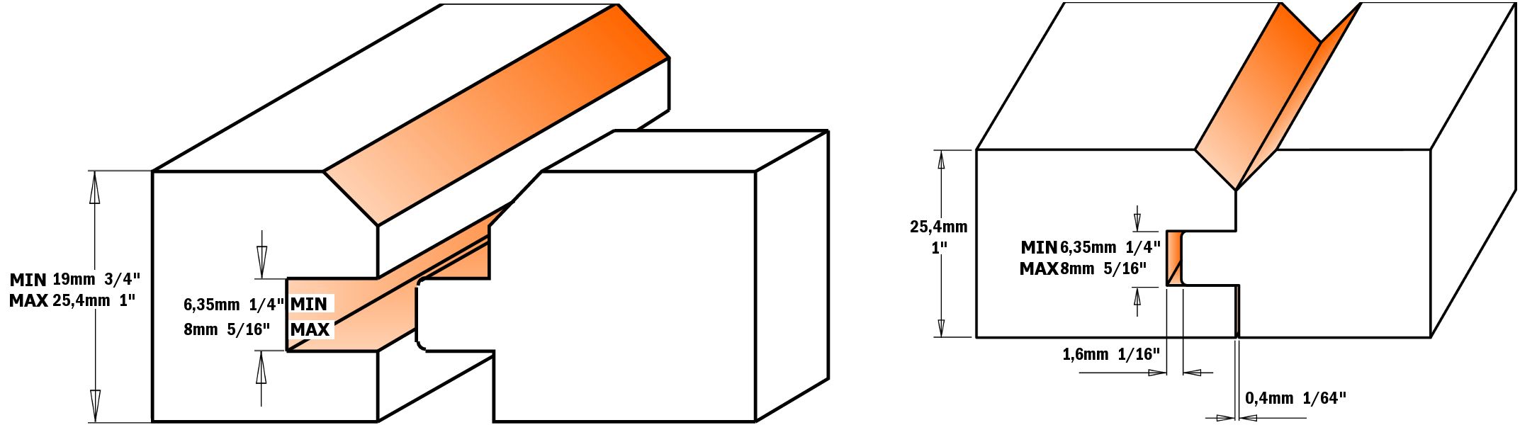 CMT Frezenset voor tand- en groefverbinding met v-groef