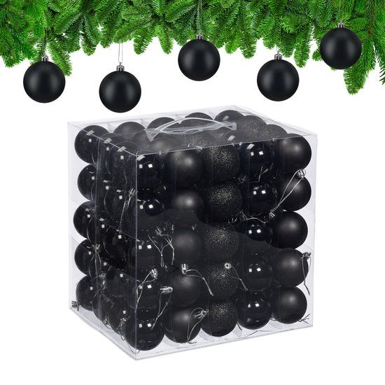 Relaxdays Kerstballen set van 100 - Ø 6 cm - kunststof - onbreekbaar - zwart