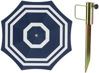 Merkloos Ger Import Parasol met metalen grondharing - blauw/wit strepen - polyester - Dia 140 cm - verstelbaar