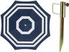 Merkloos Ger Import Parasol met metalen grondharing - blauw/wit strepen - polyester - Dia 140 cm - verstelbaar