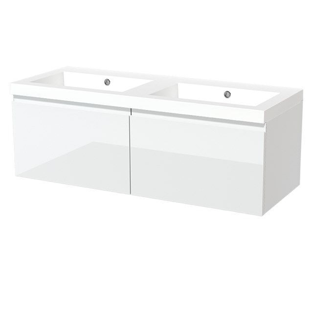 Maxaro Badkamermeubel 120cm Modulo Hoogglans Wit 2 Lades Greeploos Wastafel Mineraalmarmer