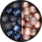 Merkloos / Sans marque Kaemingk B.V. Kerstballen 34x st - 3 cm - donkerblauw en lichtroze - kunststof