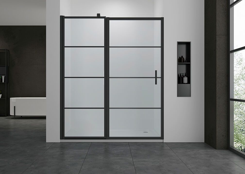 Badkamerplanet Douchedeur met Vast Paneel 140x200cm Mat Zwart Frame Black Onyx 8mm Nano Glas Easy Clean