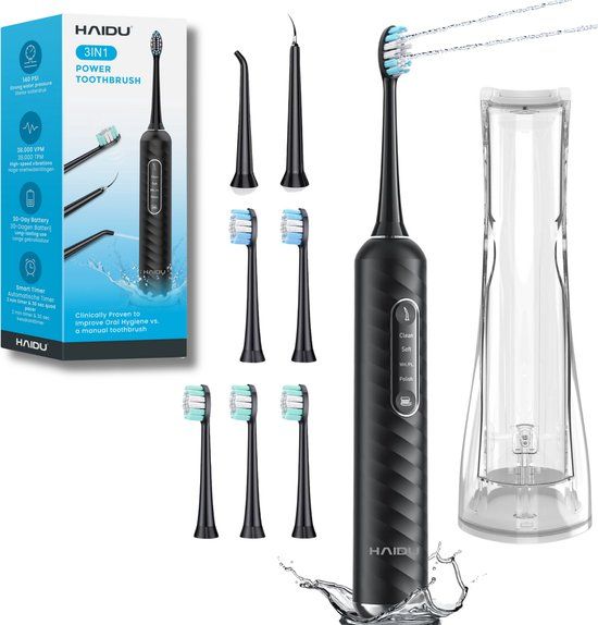 HAIDU 3 in 1 Elektrische Tandenborstel - Zwart - 4 Opzetborstels + Waterreservoir