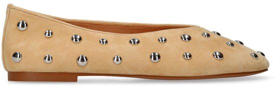 Manfield Dames Beige Suède Ballerina's met Zilveren Studs - Maat 38