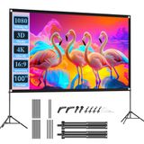 VISULAPEX projectiescherm met statief, draagbaar projectiescherm 100 inch, 16:9, 4K HD opvouwbaar scherm voor projector met draagtas voor binnen en buiten, thuisbioscoop, tuinbioscoop (100")