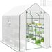 Serre de jardin - Serre à film - 12 étagères de rangement - Porte coulissante - Revêtement PE - Cadre en acier - 140 x 213 x 190 cm - Étanche - Blanc