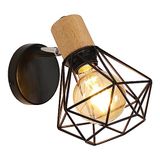 Vintage Comely Industriële wandlamp, vintage wandlamp 360° draaibaar, van hout, kooilamp E27 van metaal en zwart ijzer, voor slaapkamer, hal, woonkamer, max. 60 W