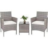 BAKAJI Tuinmeubelset met 2 stoelen en 1 tafel van PE-rotan, waterdicht, voor buiten, met kussens, beige, tuinmeubelen voor terras, tuin, buiten, woonkamer, weerbestendig (grijs)