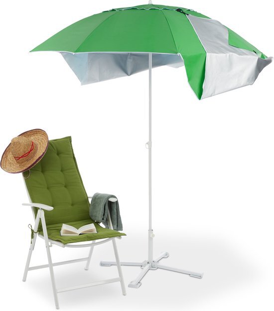 Relaxdays parasol strandtent - strandparasol met windscherm - uv 50 stokparasol rond groen