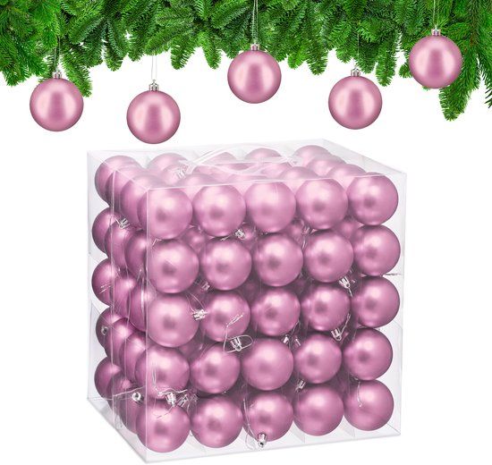 Relaxdays Kerstballen set van 100, Ø 6 cm, mat, kunststof, roze