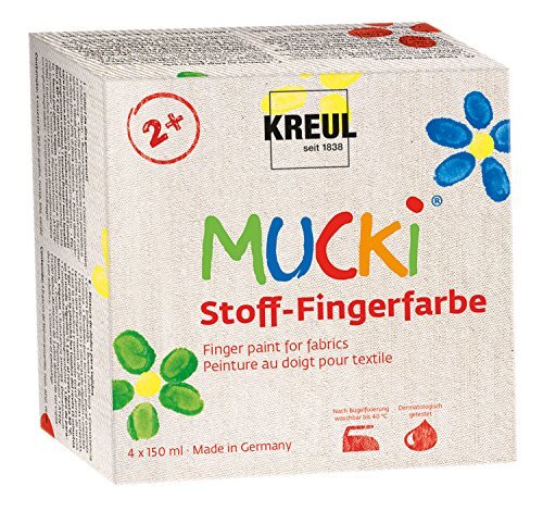 Kreul 28400 - Mucki heldere stof - vingerverf, 4 x 150 ml, geel, rood, blauw, groen, waterbasis, parabenen-, gluten-, lactosevrij en veganistisch, optimaal voor gebruik met vingers en handen