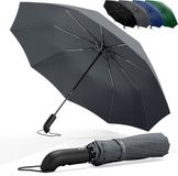 Wilford & Sons Stormparaplu Opvouwbaar Zak Paraplu Stormproof + Knop Automatisch & Beschermhoes | Heren Dames - Compact Stevig, Teflon Wind & Waterdicht Handvat Polsstrap| Reisparaplu Zakparaplu Golf, Grijs - Standaard