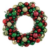 Mica Decorations Couronne de Noël avec éclairage - Couronne de porte H8,5 x Ø47 cm - Couronne de Noël avec minuterie et boules de Noël - Décoration de Noël multifonctionnelle - Or, Vert et Rouge