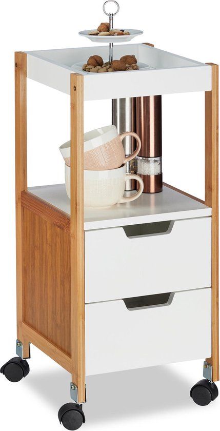 Relaxdays Keukentrolley met lades - Serveerwagen - Roltafel - MDF - Wit/Lichtbruin