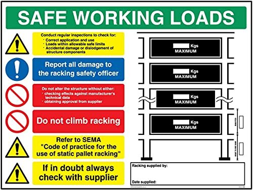 Viking Signs Viking Signs CV5196-A5L-1M "Safe Working Load Racking" Sign, 1 mm Plastic Semi-Rigid, 200 mm H x 150 mm W