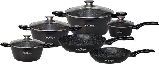 Cheffinger Pannenset - 10-Delig - Zwart - Met Glazen Deksel - Gemengde Pannenset