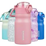 BJPKPK Roestvrij staal geïsoleerde waterfles met rietjesdeksel 410 ml herbruikbare metalen thermosflessen houden koud en warm, lichtroze