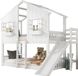 Lit superposé pour enfants sans marque - Lit d'enfant en forme de maison avec toboggan et lucarnes - Pin et MDF - Blanc, Naturel